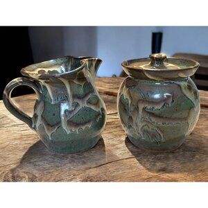 Martindale Art Pottery Creamer and Honey Pot Lidded Sugar Signed